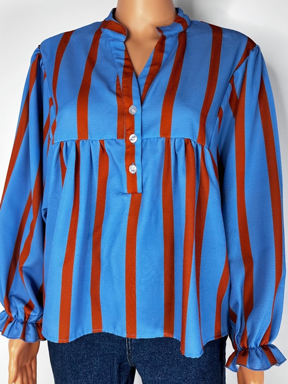 Women’s Blue & Rust Red Striped Blouse Size S – Long Sleeve, Button Front, Puff